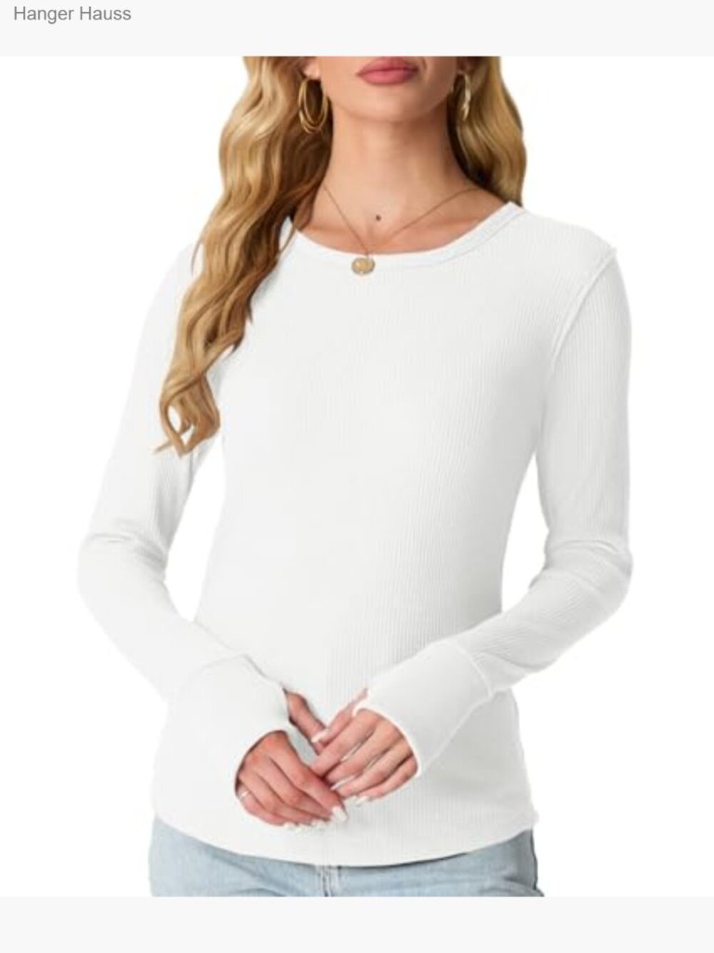 Waffle Knit Long Sleeve Crew Neck Slim Fitted Top with Thumbholes - Picture 4 of 6